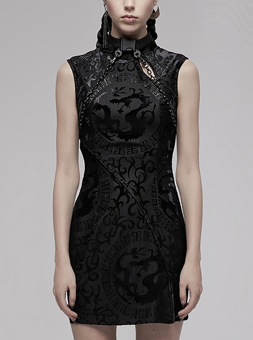 Chinese Style Stretch Velvet Burning Flower Dragon Totem Pattern Decoration Small Slit Hem Sleeveless A-Line Dress