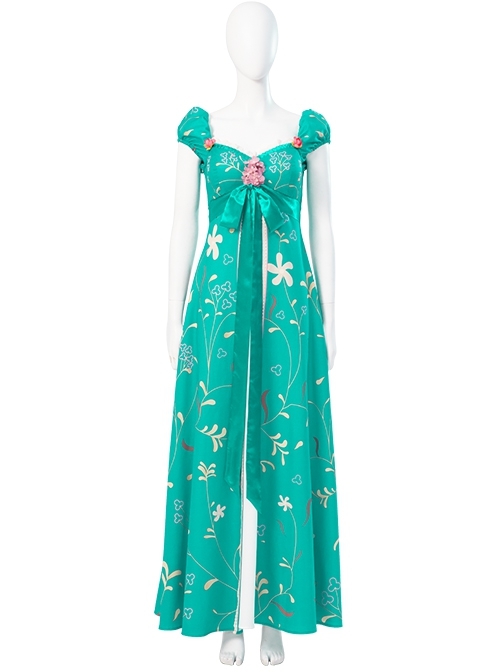 Enchanted Giselle Princess Halloween Cosplay Costume Printing Green Long Dress