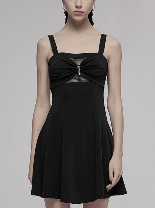 Black Sexy Suspender Hollow Mesh Metal PU Buckle Bow Design Sleeveless Dress