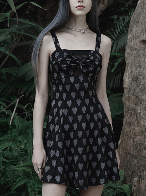 Heart Print Pattern Sexy Suspender Hollow Mesh Metal PU Buckle Bow Design Sleeveless Dress