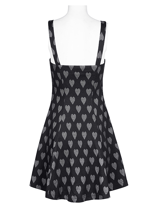 Heart Print Pattern Sexy Suspender Hollow Mesh Metal PU Buckle Bow Design Sleeveless Dress