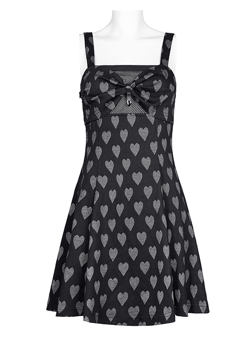 Heart Print Pattern Sexy Suspender Hollow Mesh Metal PU Buckle Bow Design Sleeveless Dress