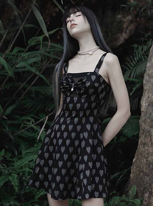 Heart Print Pattern Sexy Suspender Hollow Mesh Metal PU Buckle Bow Design Sleeveless Dress