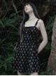 Heart Print Pattern Sexy Suspender Hollow Mesh Metal PU Buckle Bow Design Sleeveless Dress
