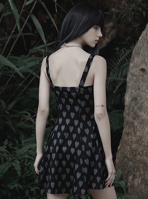 Heart Print Pattern Sexy Suspender Hollow Mesh Metal PU Buckle Bow Design Sleeveless Dress