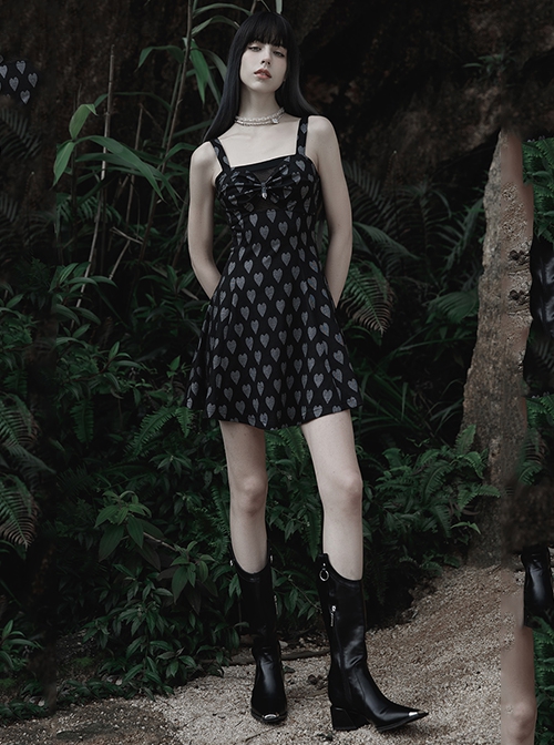 Heart Print Pattern Sexy Suspender Hollow Mesh Metal PU Buckle Bow Design Sleeveless Dress