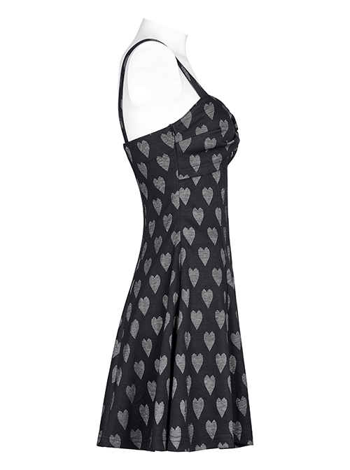 Heart Print Pattern Sexy Suspender Hollow Mesh Metal PU Buckle Bow Design Sleeveless Dress