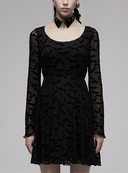 Dark Minimalist Flared Sleeve Bat Moon Flocking Print Pattern Long Sleeves Dress