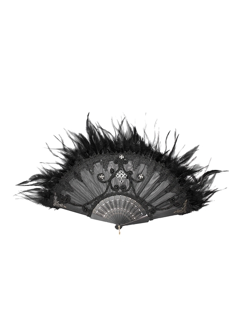 Gothic Non-foldable Rivet Decorative Feather Black Fan