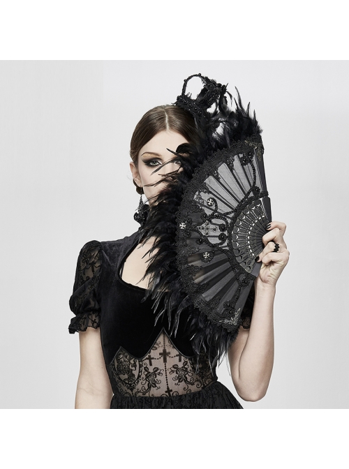 Gothic Non-foldable Rivet Decorative Feather Black Fan
