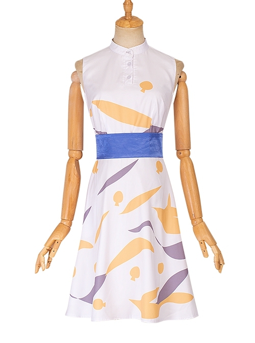 Game Light And Night Female Leading Role Designer Halloween Cosplay Costume White Printing Sleeveless Dress Set