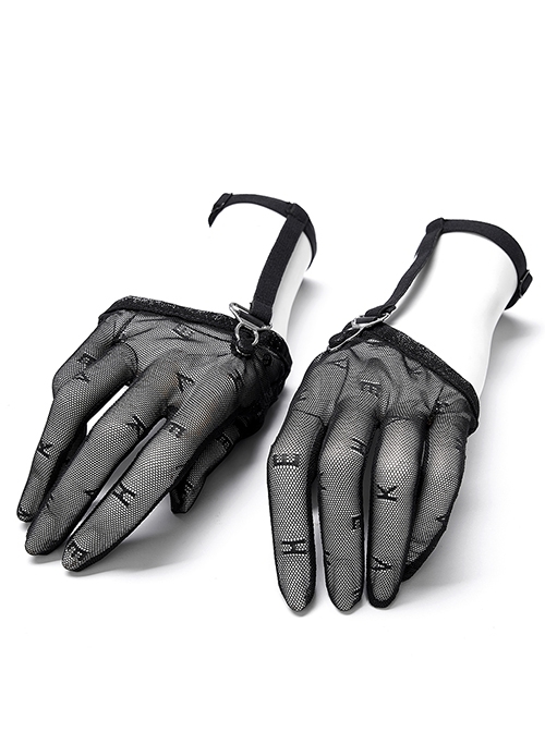 Black Punk Style Letter Decoration Mesh Hole Stretch Gloves