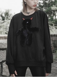 Loose Fluffy One-Eyed Little Devil Pattern Embroidered Punk Black Sweater