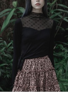 Lace Mesh Stitched Knitted Fabric Elastic Drawstring Pointed Hem Black Punk T-Shirt