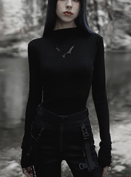Dark Gothic Minimalist Bat And Net Embroidery Knitting  Long Sleeves T-Shirt