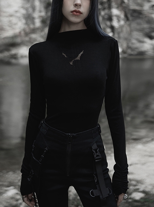 Soft Knitted Fabric Interspersed Structure Off-Shoulder Fit Black Punk T-Shirt