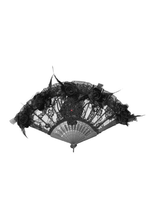 Non-foldable Black Gothic Lace Beaded Fan