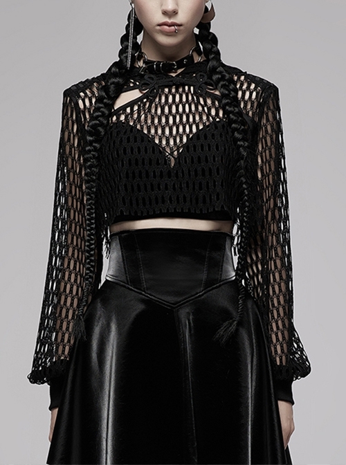 Super Short Fishing Net Hollow Design Chinese Style Buckle Decoration Hooded Blouse
