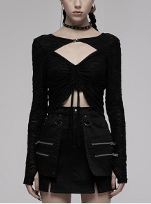 Drawstring Two-Wear Sexy Texture Fabric V-Neck Cutout Design Long-Sleeve Blouse