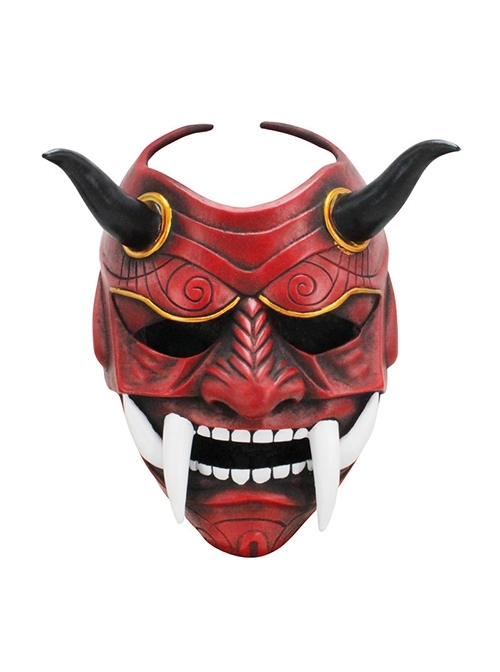 Red White Prajna Grimace Big Horns And Fangs Halloween Evening Party Stage Performance Resin Mask