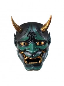 Japanese Ghost Monster Prajna Horns Pointed Ears Modeling Halloween Masquerade Haunted House Full Face Resin Mask