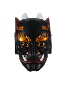 Flaming Eyebrows Black Face Horns Japan Warrior Prajna Headcover Halloween Full Face Resin Mask