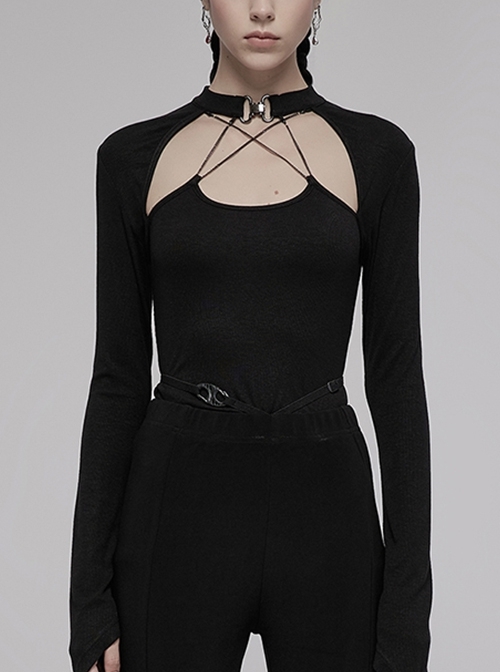 Dark Punk Metal Fine Chain Decoration Hollow Out Square Neck Pointed With Choker Long-Sleeve T-Shirt