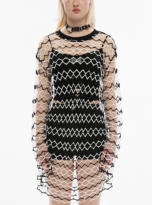 Elasticity Diamond Comfortable Black And White Mesh Long Sleeve Punk Blouse