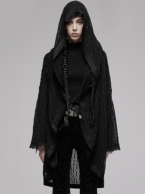 Punk Knitted Cotton Weave Handmade Tassel Horn Button Hollow Loose Hood Long Black Cardigan