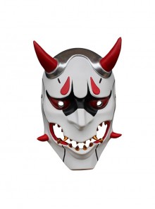 White Face Red Horns Japan Prajna Reaper Evil Ghost Halloween Stage Prom Adult Full Face Resin Mask