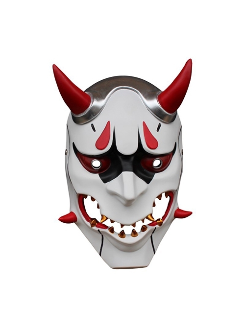 White Face Red Horns Japan Prajna Reaper Evil Ghost Halloween Stage Prom Adult Full Face Resin Mask