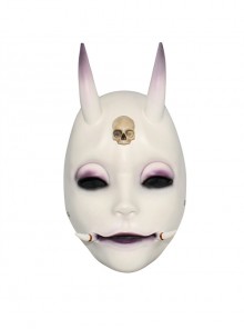 White Long Horns Forehead Skeleton Pattern Shuten Ghost Doll Mask Halloween Horror Haunted House Adult Full Face Mask