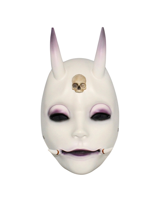 White Long Horns Forehead Skeleton Pattern Shuten Ghost Doll Mask Halloween Horror Haunted House Adult Full Face Mask