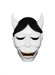 Black Eyebrow Big Horns Japan Prajna White Face Ghost Mask Halloween Stage Performance Masquerade Adult Horror Resin Mask
