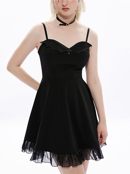 Playful Adjustable Sling Dark Bat Wing Cross Piece Sheer Organza Hem Sexy Gothic Dress