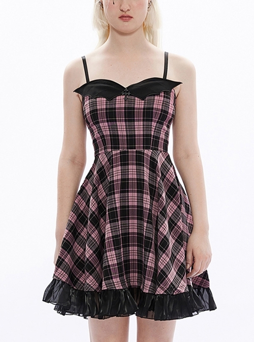 Slim Personality Bat Wings Adjustable Suspenders Playful Black Powder Plaid Stitching Light Organza Sexy Gothic Dress
