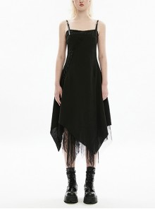 Chiffon Lace Panel Lace Up Slit Black Irregular Hem Adjustable Leather Sexy Sling Gothic Dress