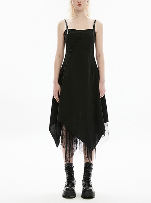 Chiffon Lace Panel Lace Up Slit Black Irregular Hem Adjustable Leather Sexy Sling Gothic Dress