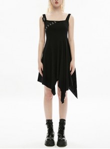 Cotton Linen Detachable Rose Medal Black Cool Metal Hook Irregular Skirt Sling Gothic Dress