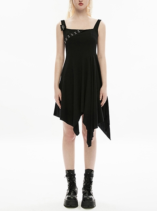 Cotton Linen Detachable Rose Medal Black Cool Metal Hook Irregular Skirt Sling Gothic Dress