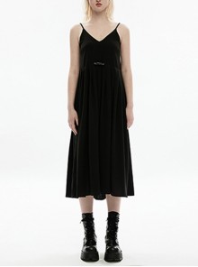 Loose V-Neck Pleated Open Back Simple And Comfortable Cotton Linen Black Gothic Sexy Suspender Dress