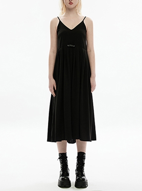 Loose V-Neck Pleated Open Back Simple And Comfortable Cotton Linen Black Gothic Sexy Suspender Dress