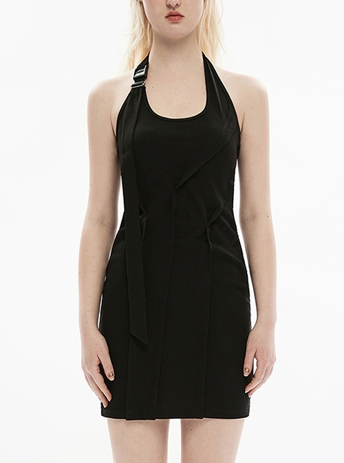 Adjustable Sexy Halter Black Sleeveless Personality Three-Dimensional Pleated Stretch Comfortable Gothic Dress