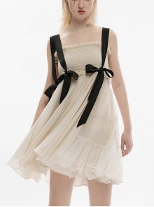 Sweet Tube Top Big Bow Contrast Color Streamer Fresh Light Beige Stitching Gothic Lace Lace Suspender Dress