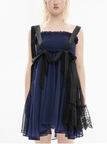 Blue Tube Top Strap Big Bow Contrast Color Streamer Super Cool Stitching Gothic Lace Suspender Dress