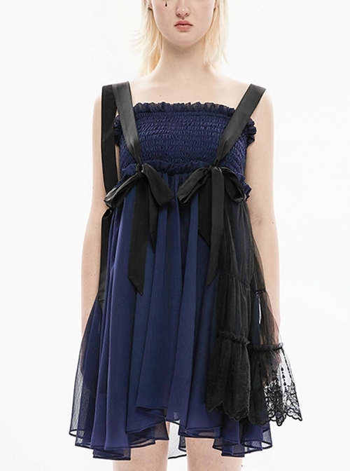 Blue Tube Top Strap Big Bow Contrast Color Streamer Super Cool Stitching Gothic Lace Suspender Dress