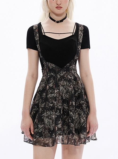 Super Cool Chiffon Lace Black Cat Print Straps Waist Low Cut A-Shaped Wide Hem Gothic Suspender Skirt