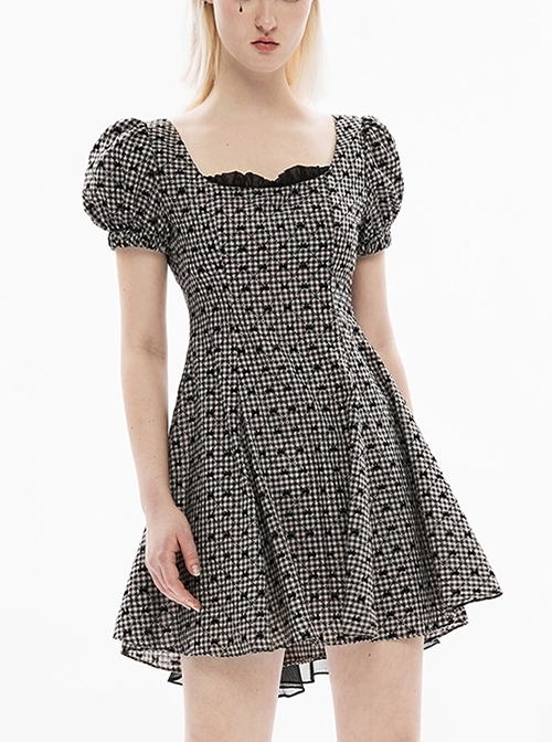 Personality Waist A-Shaped Hem Square Collar Doll Short-Sleeved Black Apricot Rhombus Plaid Stitching Chiffon Gothic Skirt