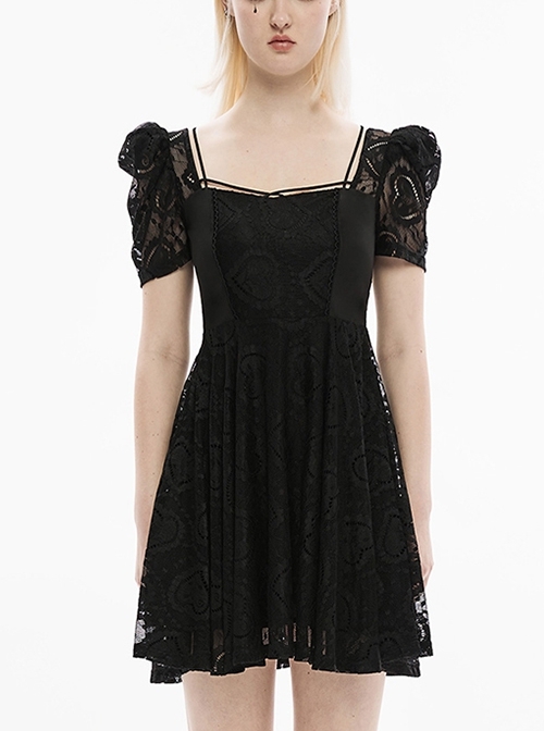 Princess Bubble Short Sleeve Lace Cutout Heart Rose Pattern Square Neck Black Cross Web Gothic Dress