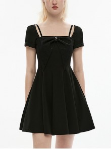 Princess Lace Big Bow Square Neck Black Hemmed Short Sleeves Waist Open Back Sexy Gothic Dress